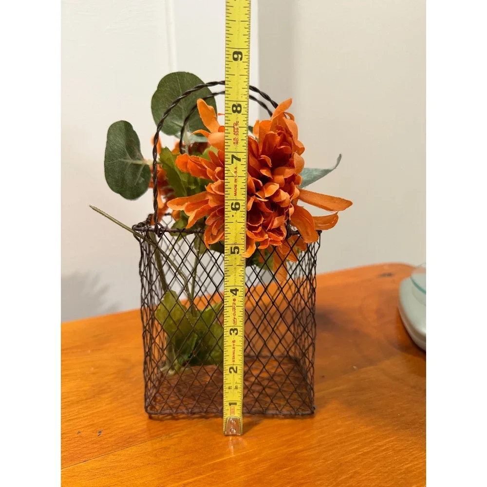 Rustic Brown Metal Chicken Wire Basket with Faux Orange Flowers Farmhouse Decor